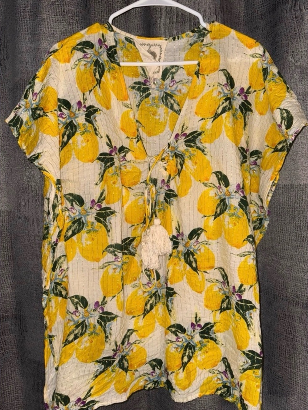 Z&L Europe Lemon Print Metallic Gauze Boho Swim Cover Up Dress Small Oversized